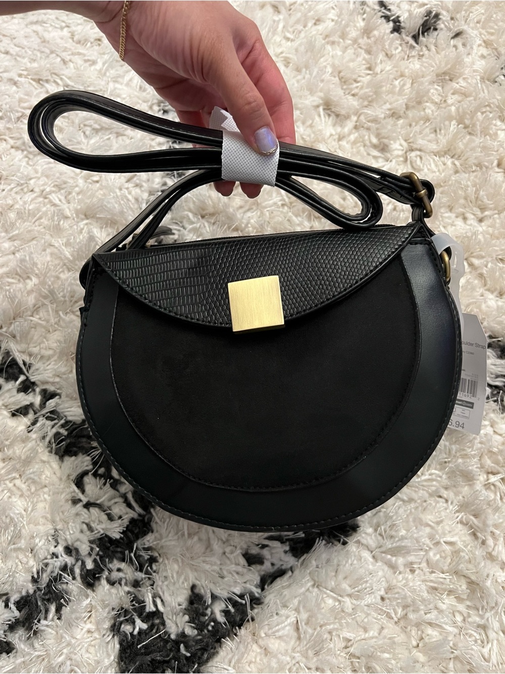 Time and Tru Black Crescent Crossbody with Gold Square Clasp